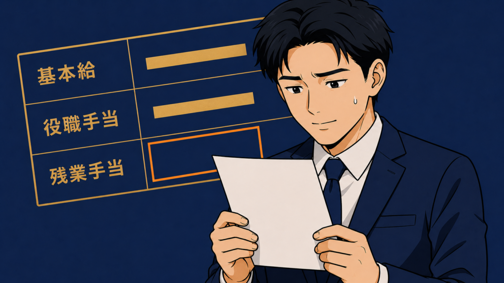 課長昇進の辞令を手に喜ぶ会社員と、残業代の欄が空欄になった給与明細。名ばかり管理職のイメージ