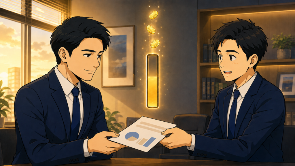 部下からの報告にお礼を伝える管理職。二人の間で信頼残高を示すゲージにコインが貯まっていき、日々の小さな預け入れで信頼関係が育つことを表すイラスト