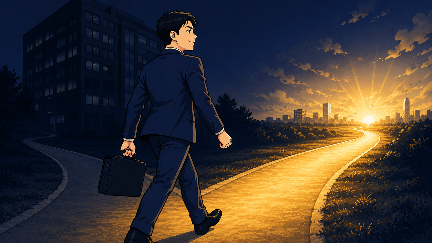 二又の道で明るい道へ一歩踏み出す男性会社員。男の退職代行でシンプルに辞める道を選ぶイメージ