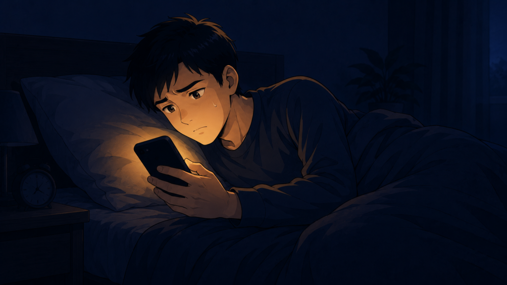 深夜に布団の中でスマホを見つめ、退職代行の口コミを確かめる男性会社員