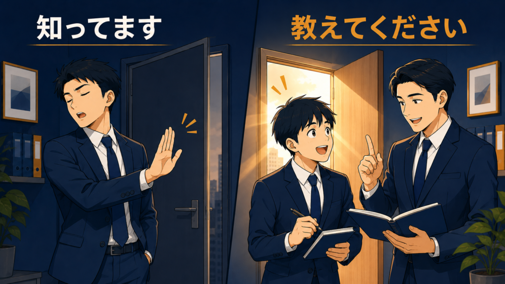 「知ってます」と答えると教わる機会の扉が閉じ、「教えてください」と言えると扉が開く対比の図解