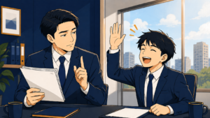 「知ってます」と手を挙げて説明を遮る若手社員と、静かに見抜いている先輩。知ったかぶりがバレている職場の場面