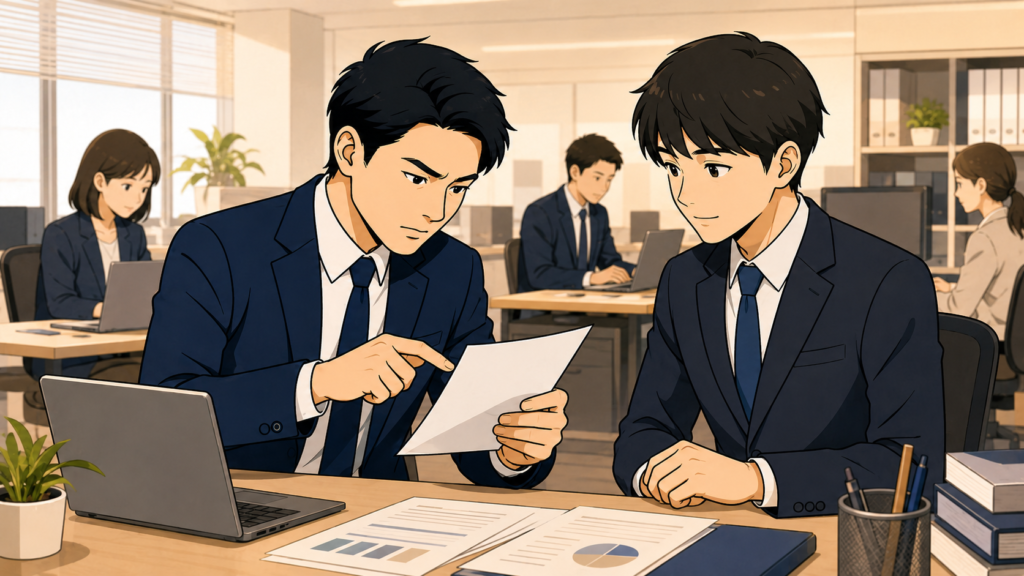 先輩社員が若手に仕事を丁寧に教えている、落ち着いた雰囲気の職場のイラスト