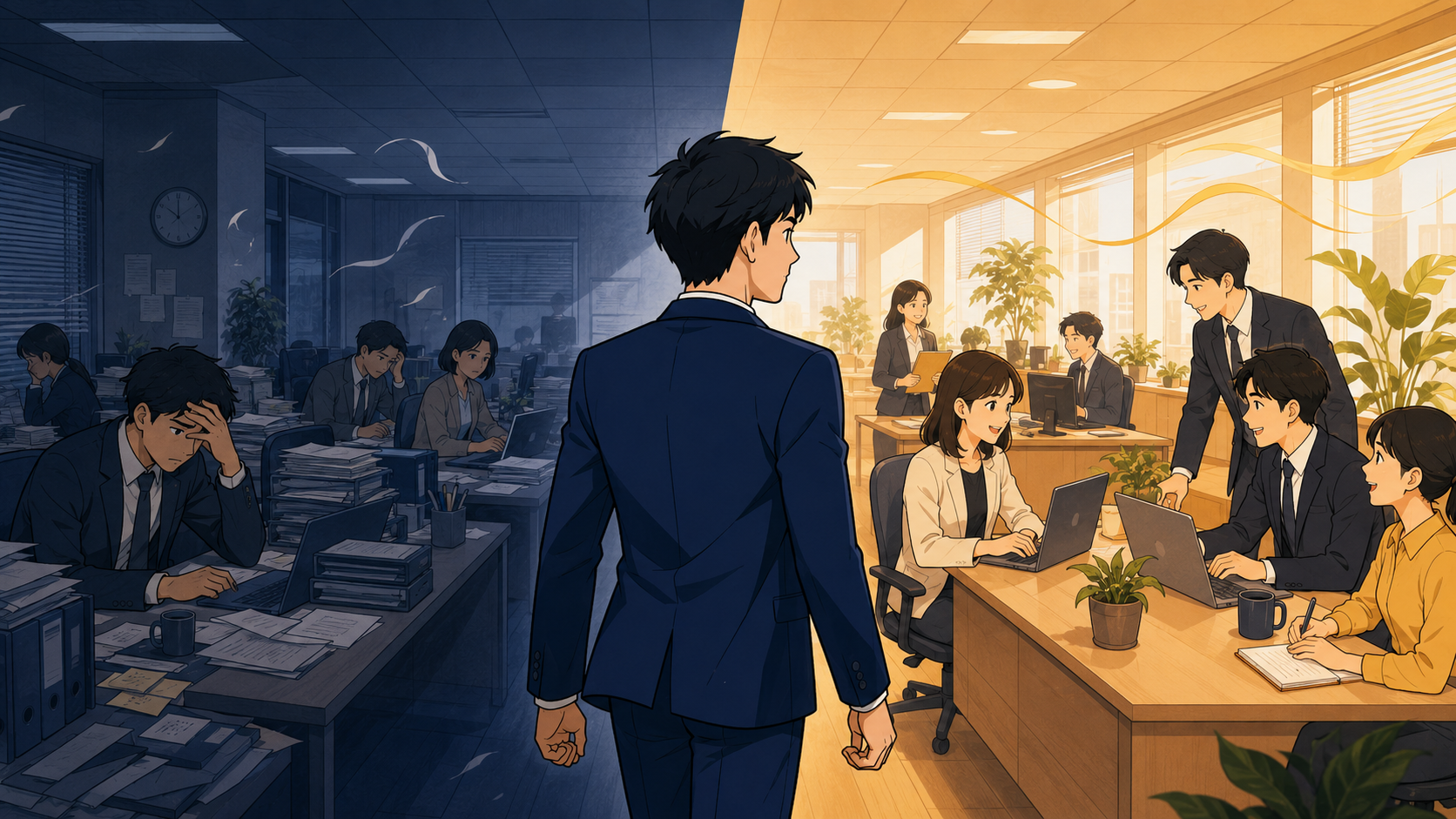 薄暗くギスギスした職場と、明るく風通しのよい職場が左右に並び、中央の若手社員が明るい側へ一歩踏み出しているイラスト。職場環境が悪い会社と良い会社の対比を表す。