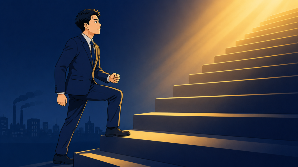 大きな階段の一段目に足をかける若手会社員のイラスト。自信をつける方法は小さな挑戦の一歩から始まることを象徴