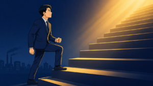 大きな階段の一段目に足をかける若手会社員のイラスト。自信をつける方法は小さな挑戦の一歩から始まることを象徴