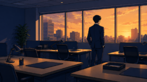 夕方のオフィスで、空になったデスクの列を見つめて立つ会社員の後ろ姿。優秀な人が辞めていく会社に残された社員の心境を表すイラスト