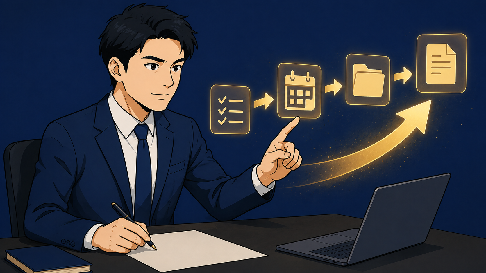デスクで一手先の作業を指差しながら資料を先に準備する会社員のイラスト。先を読む力で次の展開に備える様子