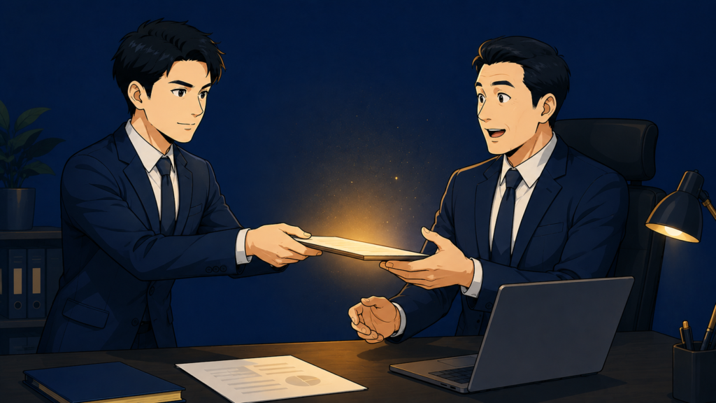 忙しい上司が手を伸ばした瞬間に、先回りして準備した書類を差し出す会社員のイラスト。先読みが「気が利く人」という信頼につながる場面