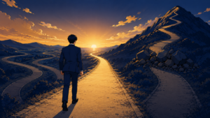 山へ続く上り坂が途中で塞がれる中、夕日に向かって続く別の道を歩き出す会社員。出世できないとわかった後に自分で道を選び直す姿を表す