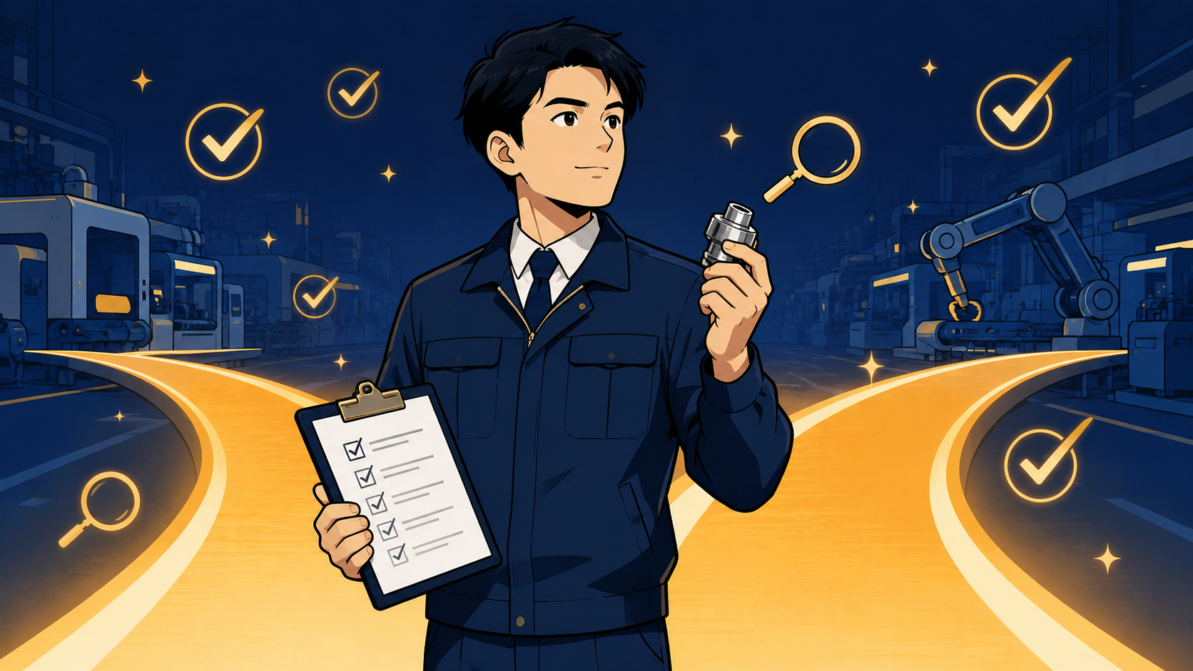 分かれ道の前でチェックリストと製品を手に立つ若手社員。品質管理に向いている人か向いてない人かを確かめるイメージ