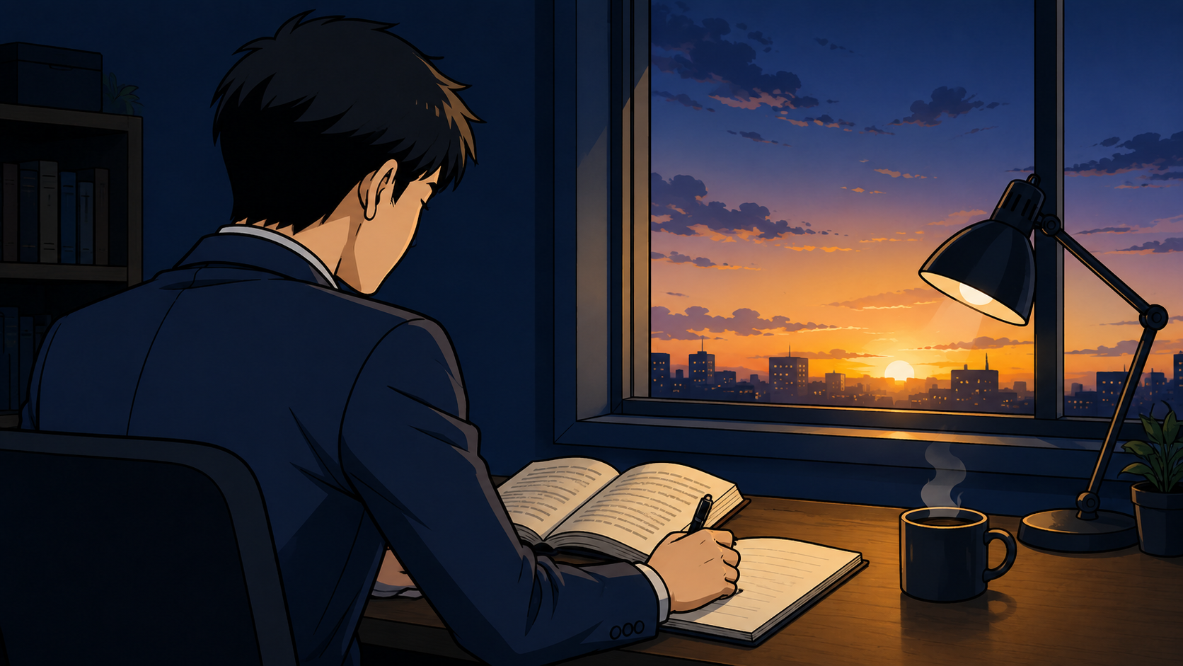 早朝の朝焼けが差し込む部屋で、机に向かって勉強する会社員の後ろ姿。朝活で自分だけの時間を確保するイメージのイラスト