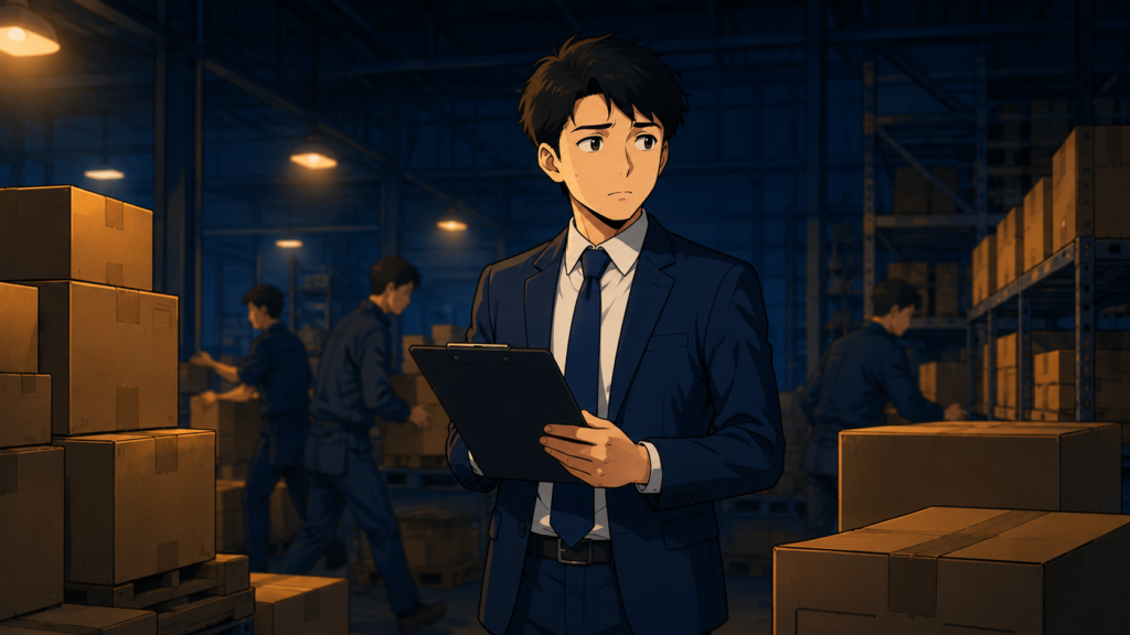 倉庫で段ボールに囲まれて立ち尽くす新入社員。営業職で入社したのに出荷作業ばかりというミスマッチを表すイラスト