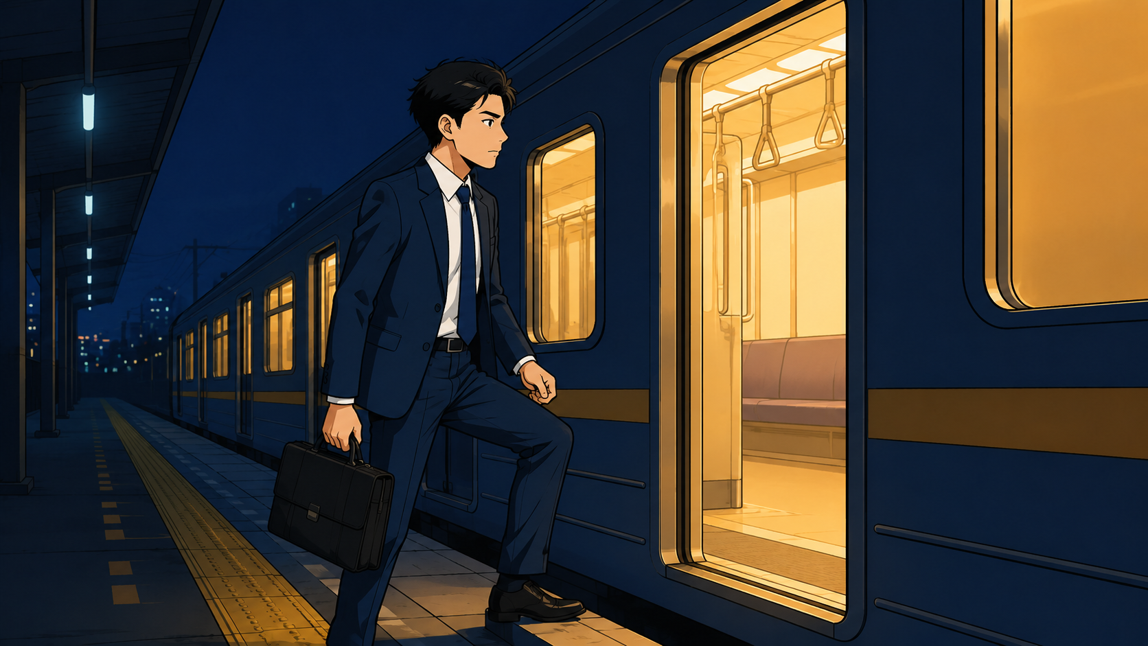 夜の駅のホームで、光のさす電車に乗り込もうとするスーツ姿の若手会社員。第二新卒での乗り換え・再出発を象徴するイラスト
