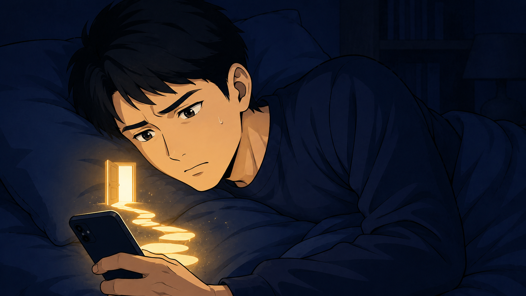深夜に布団の中でスマホの求人画面を見つめる会社員。転職が怖い・不安で動けない気持ちと最初の一歩を象徴するイラスト