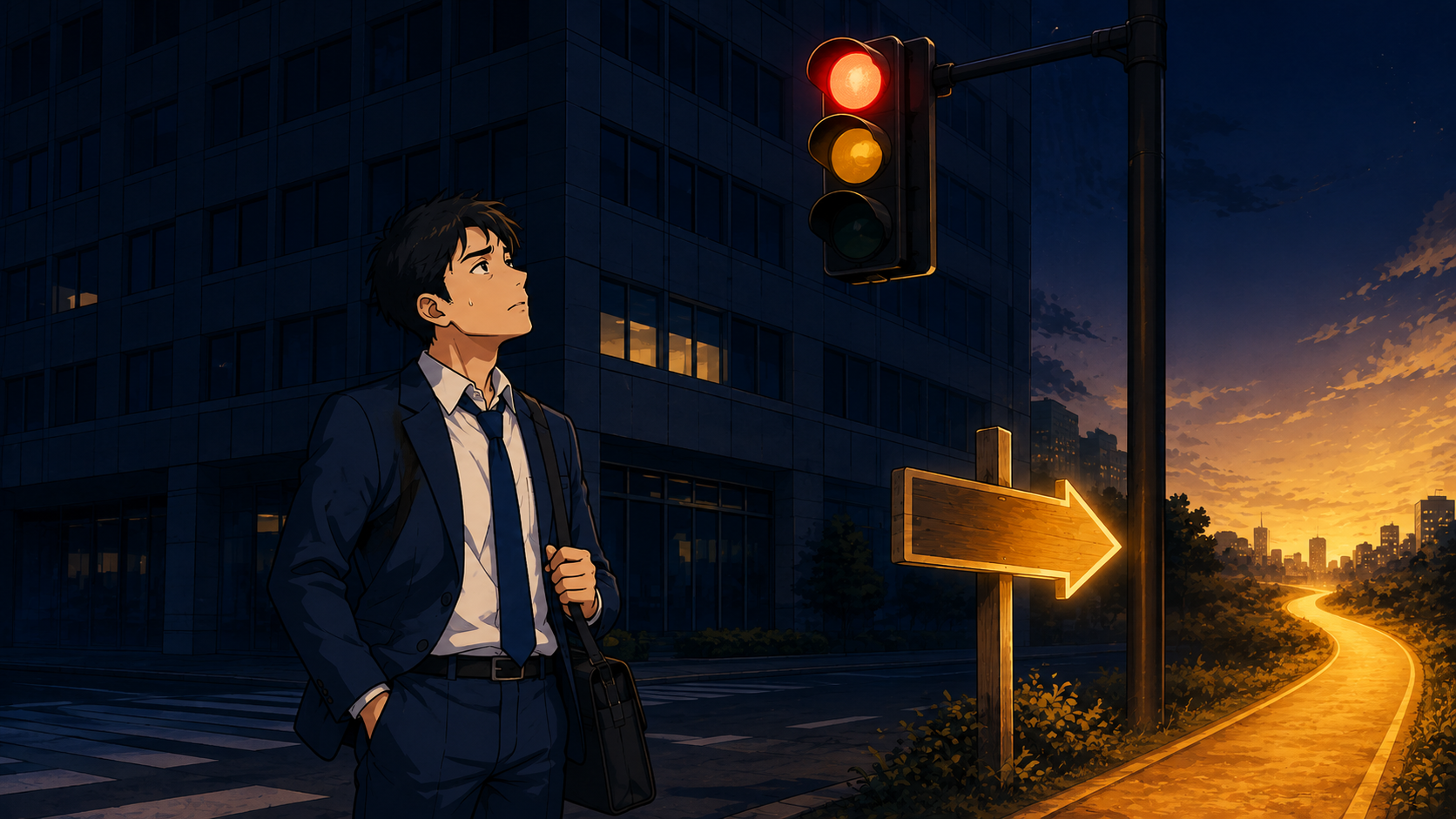 夜の交差点で黄色から赤に変わる信号を見上げる会社員。辞めるべき会社のサインに気づき、進む道を考え直す様子