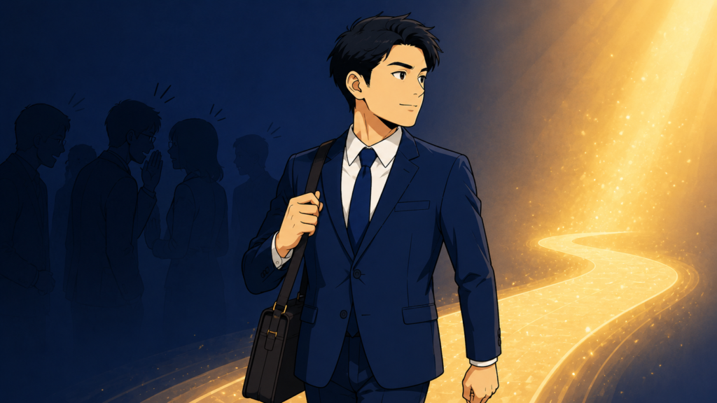 ざわめく人影の輪からそっと離れ、光の差す方へ歩き出す会社員。関わらない方がいい人と距離を取り自分を守るイメージ