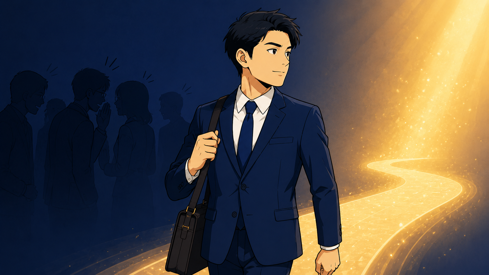 ざわめく人影の輪からそっと離れ、光の差す方へ歩き出す会社員。関わらない方がいい人と距離を取り自分を守るイメージ