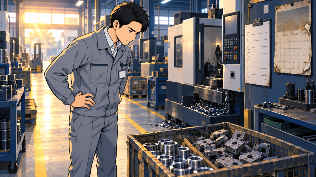 朝の出勤時、切り粉の散らばる加工機の足元や表示のない混在パレット、日付の止まった掲示板、空欄の点検表を、初めて見学に来た人の目で見直している会社員。今の会社に現場サインを当てはめる場面