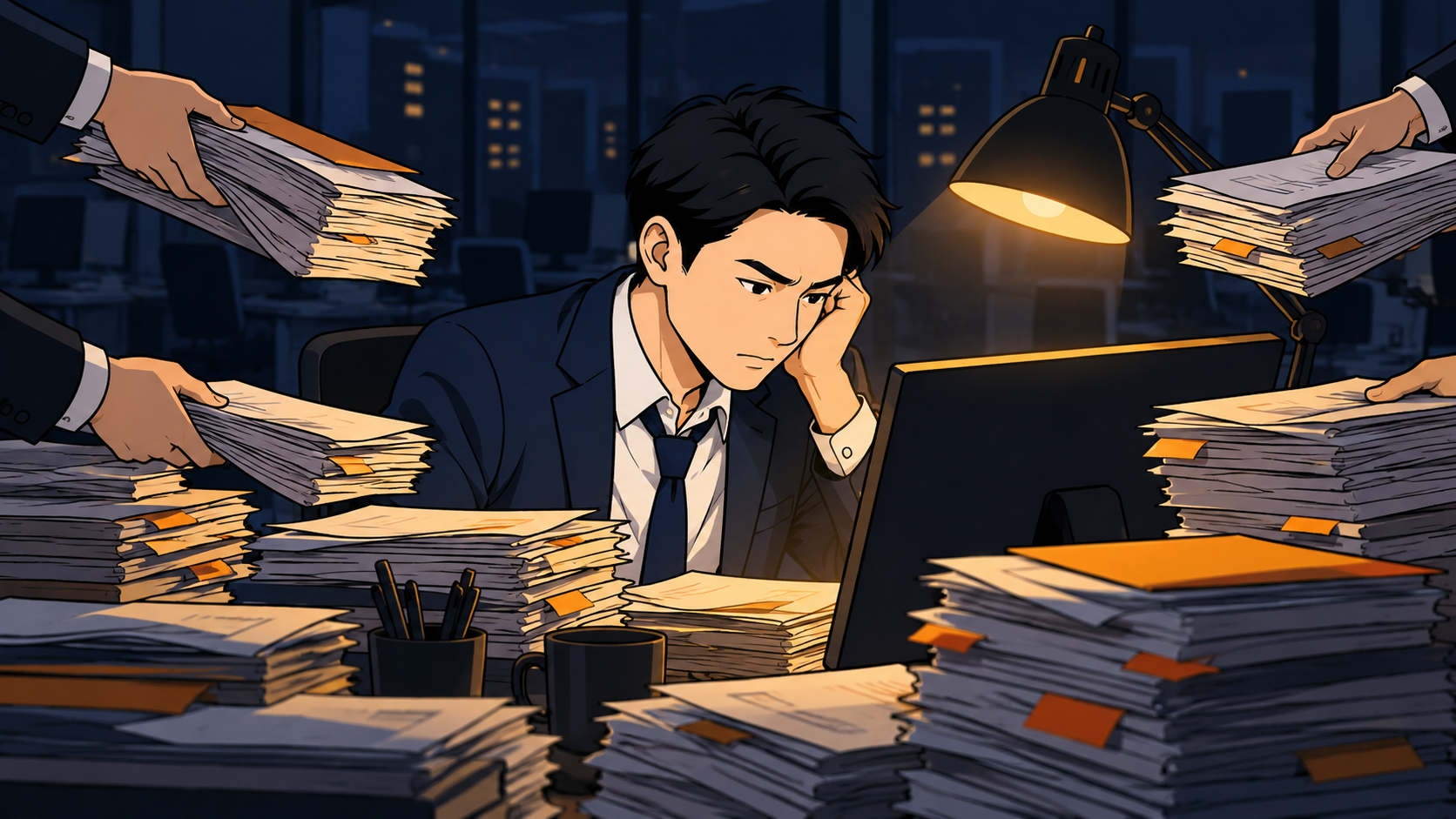 夜のオフィスで、四方から書類を積まれていく若い男性会社員。職場でいいように使われている状態を表す様子