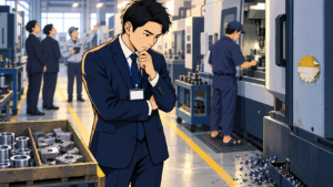 機械加工工場の見学通路で、案内役の説明を聞く他の見学者をよそに、床に散らばった切り粉や表示のない混在パレット、期限切れの校正シールに目を留めるスーツ姿の見学者。