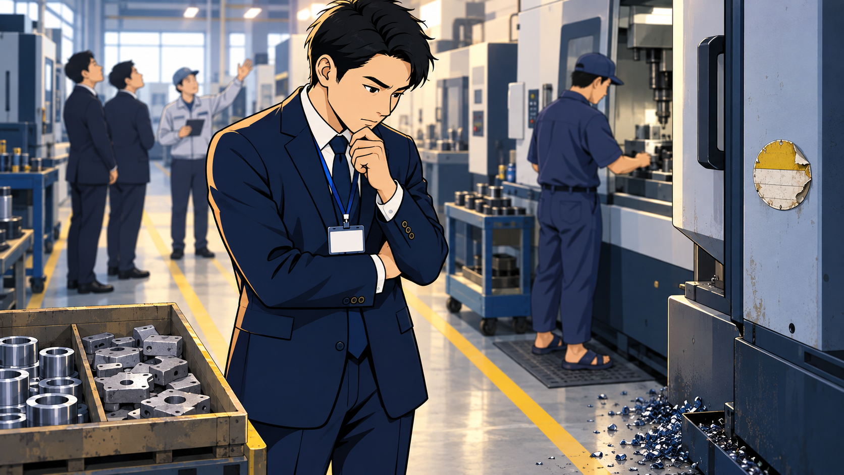 機械加工工場の見学通路で、案内役の説明を聞く他の見学者をよそに、床に散らばった切り粉や表示のない混在パレット、期限切れの校正シールに目を留めるスーツ姿の見学者。
