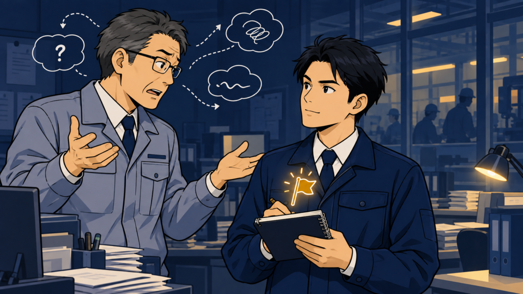曖昧な指示を出す上司に対し、手元のノートを持って落ち着いてゴールを確認する若手社員。振り回される側から確認する側へ回る場面