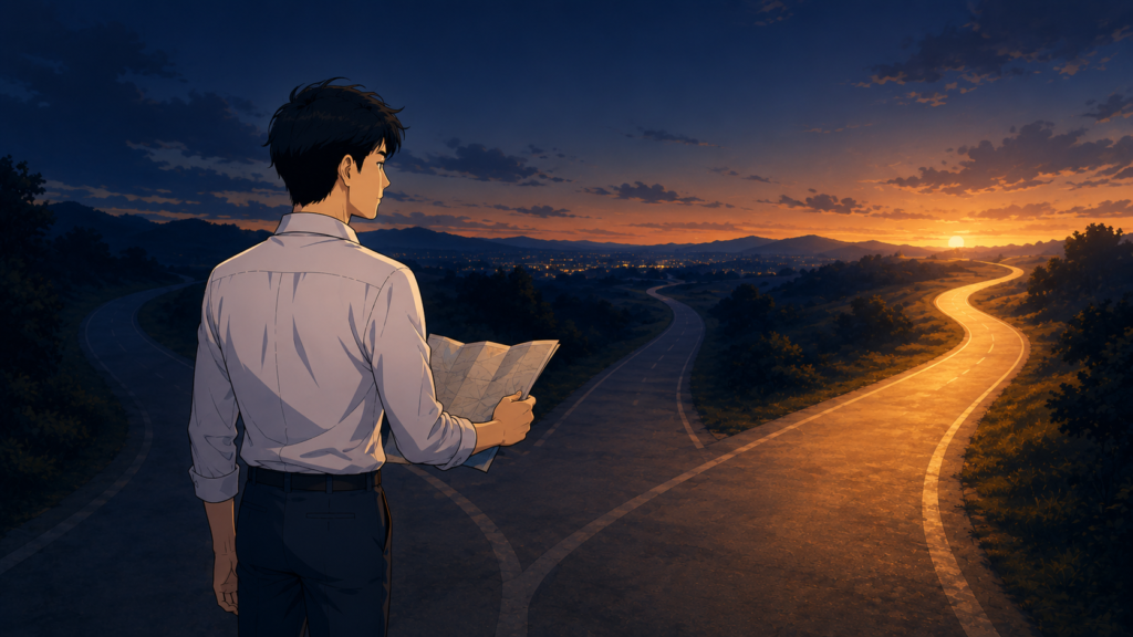 分かれ道の前で地図を手に進む道を選び直す会社員。仕事で信頼を作っても通じない職場から選び直すイメージのイラスト