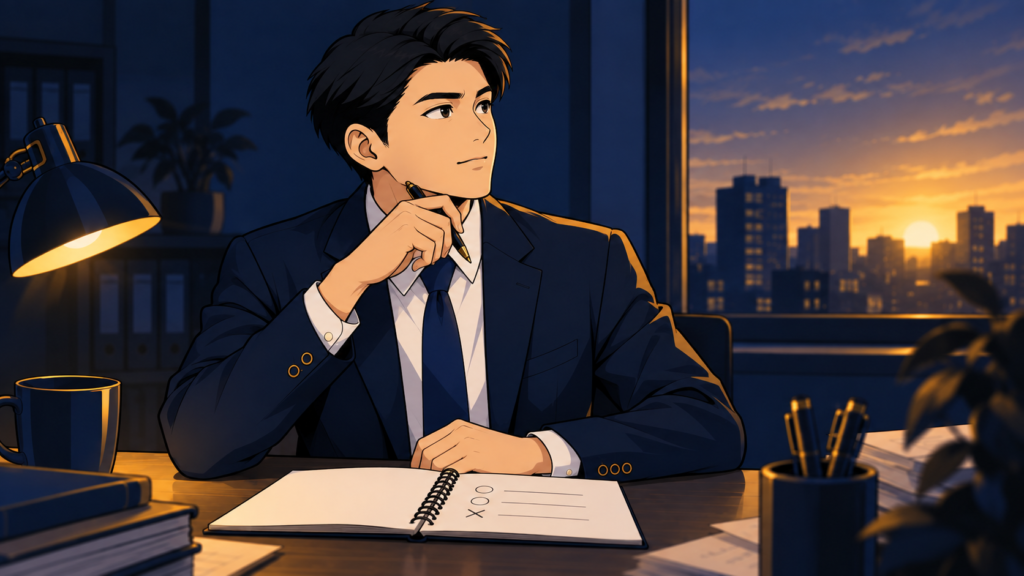 夜のデスクでノートに書いた悩みに○×を付け終え、顔を上げて動き出す若手会社員