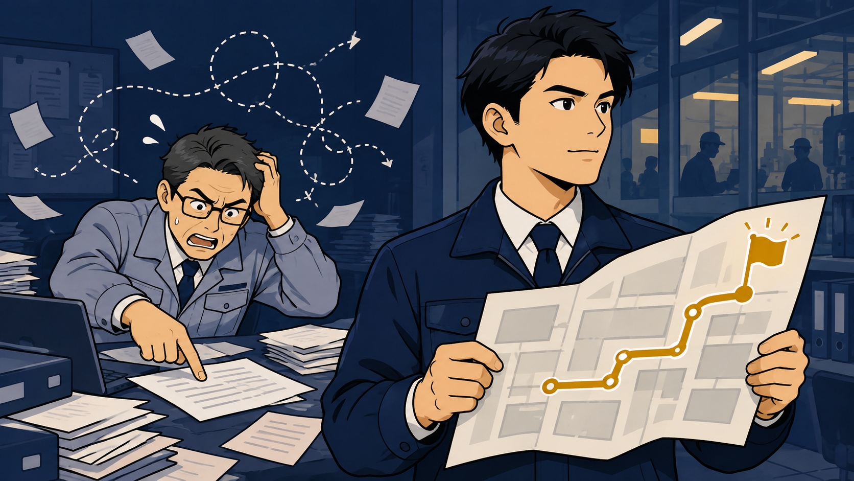 ゴールまでの地図を持って先を見据える若手社員と、目の前の作業だけを慌てて指差す上司の対比。指示出しの上手い下手はゴールが見えているかで決まる