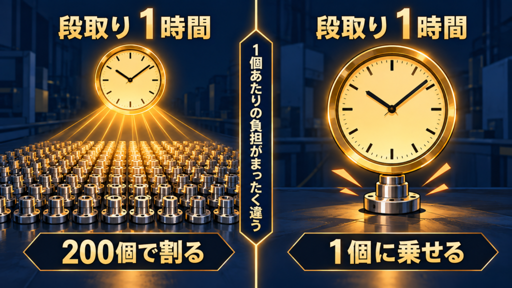 段取り1時間を200個に分けて割り振る場合と、試作1個に丸ごと乗せる場合の比較図。1個あたりの負担の違いを示す