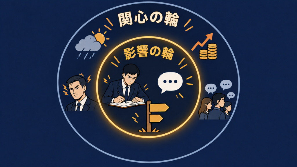 大きな関心の輪の中に小さな影響の輪がある図。外側に天気や上司の機嫌、内側に自分の仕事の質や働く場所の選択