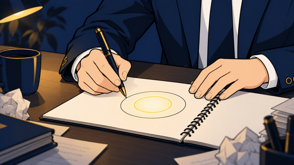 夜のデスクでノートに大小2つの円を描く会社員の手元。内側の影響の輪が温かく光り、職場の悩みを仕分け始めた瞬間