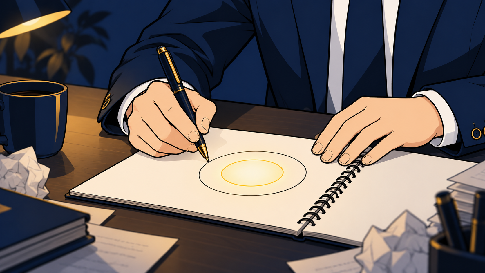 夜のデスクでノートに大小2つの円を描く会社員の手元。内側の影響の輪が温かく光り、職場の悩みを仕分け始めた瞬間