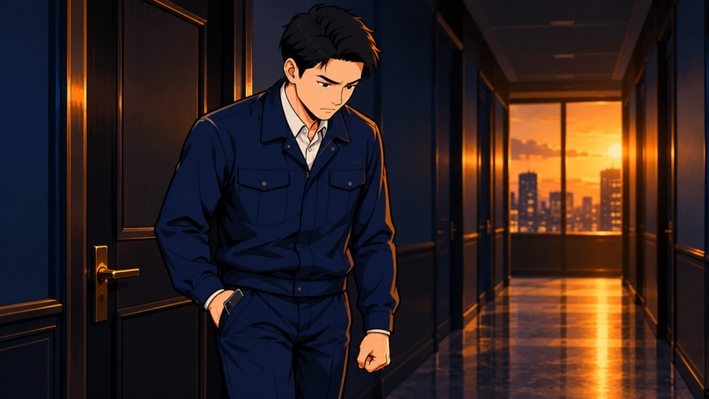 社長との面談を終えて廊下に立ち、拳を握る会社員。退職を伝えたら損害賠償を請求された場面