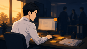 静かなオフィスで一人集中して仕事をする会社員。職場で必要最低限しか話さなくても仕事で信頼を作る様子