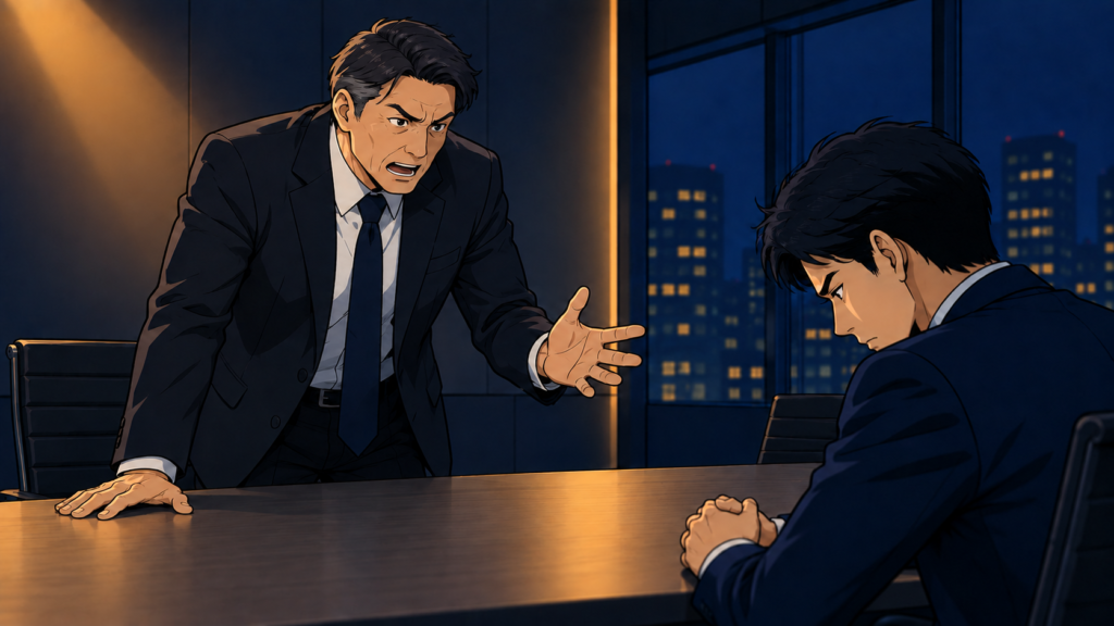 会議室で身振り大きく正論を語る白髪交じりの男性の背後に、認められたいと願う小さな影が映る。聞かされる側の若手社員は黙って耐えている