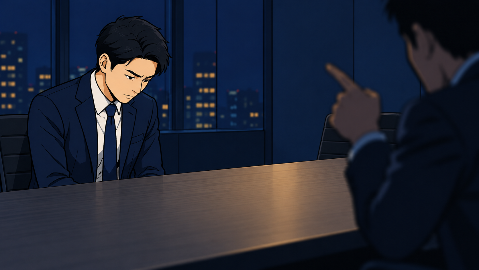 夜の会議室で正論をかぶせる人物と、視線を落として黙る社員たち。論破する人の周りで冷えていく職場の空気