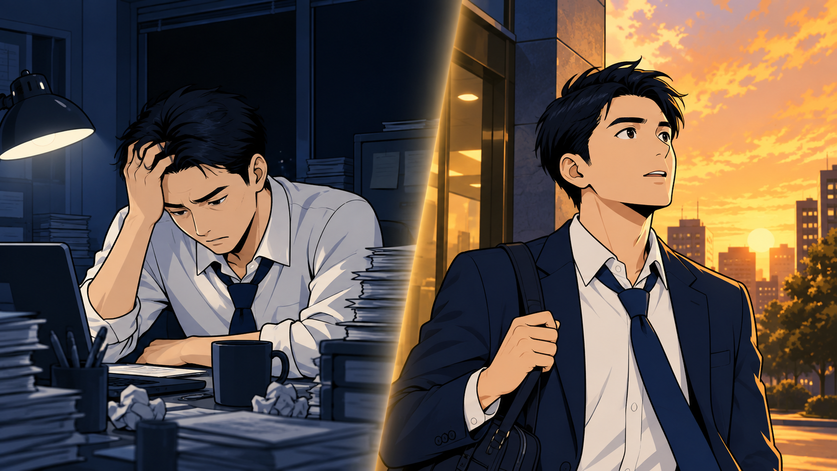 残業続きの夜のオフィスと、定時で会社を出てまだ明るい夕空を見上げる会社員の対比。転職してよかったと実感した生活の変化
