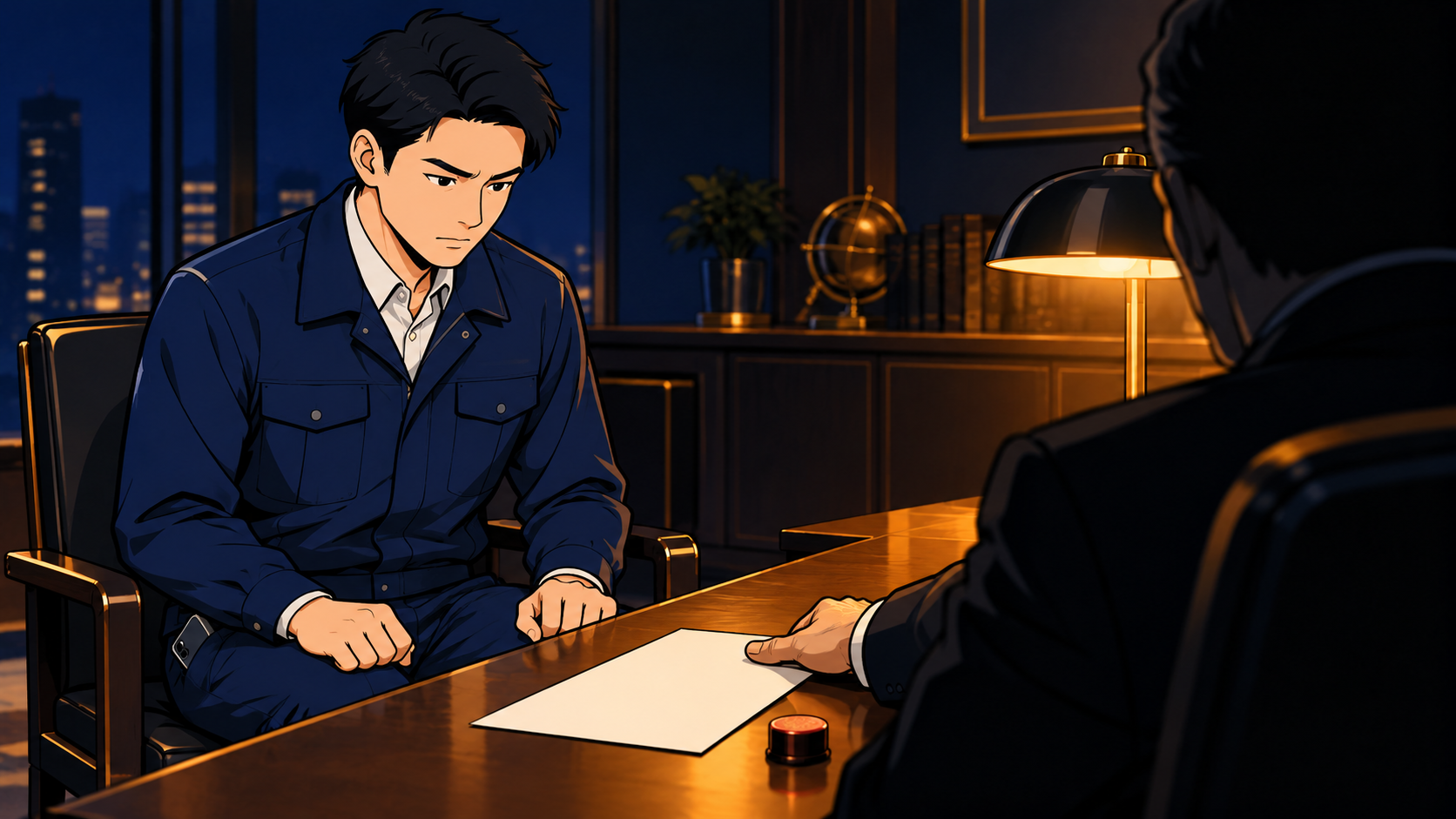 社長室で机に押し出された書類と印鑑を前に、手を伸ばさず口を結んで座る若手社員。退職で損害賠償を請求すると脅されても、その場で答えない場面