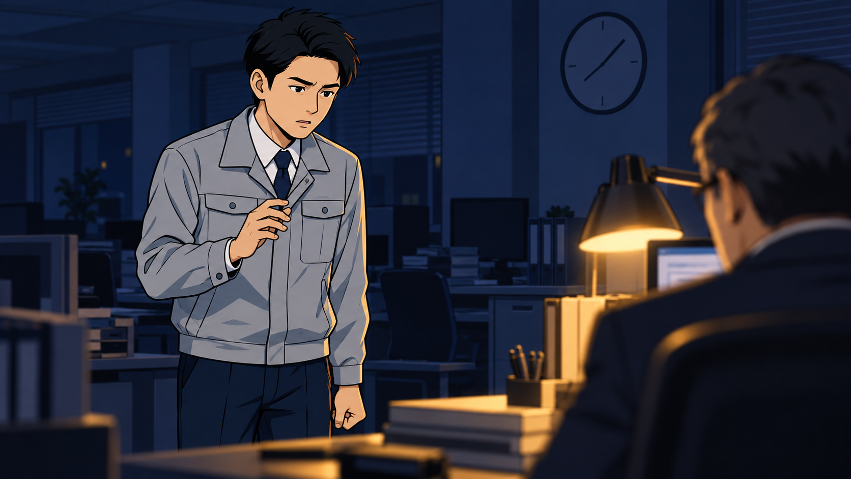 alt：上司の席の少し手前で立ち止まり、声をかけられずにいる若手社員。退職を言い出せない一瞬の様子