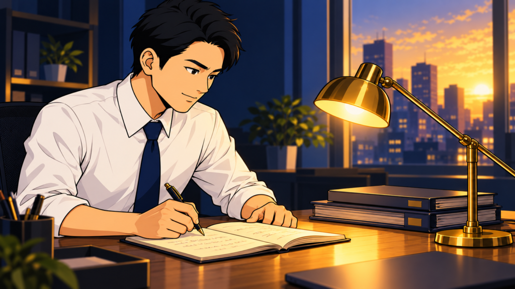 上司との面談の前に、自分の担当業務と成果を書いたノートを見直す会社員。転職せずに年収を上げる方法の準備