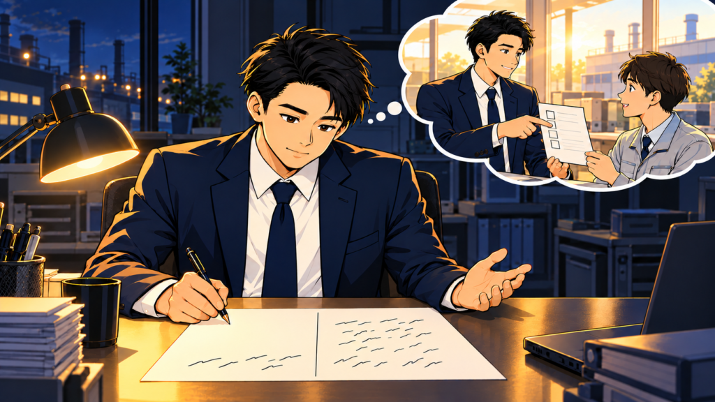 紙を2列に分け、相手の反応の列から手を離して、自分が動かせることの列に書き込む会社員。吹き出しの中で翌朝、後輩に確認の場所を伝えている