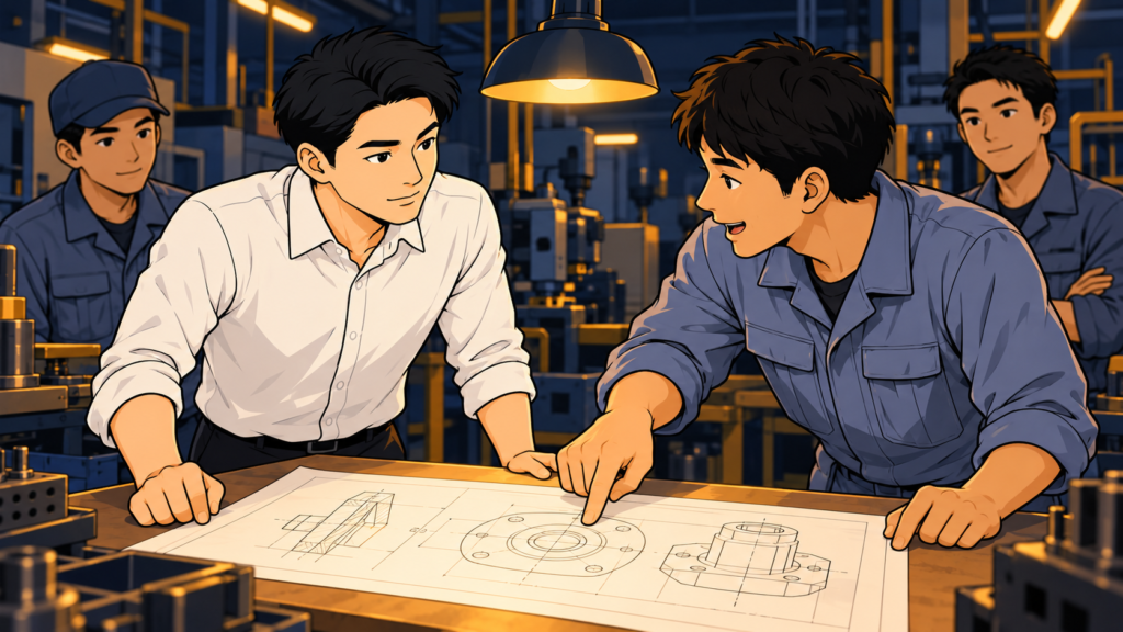 工場で、図面を指しながら説明する作業者の話を、うなずいて聞く若手会社員。聞くことで相談と情報が集まるようになる場面