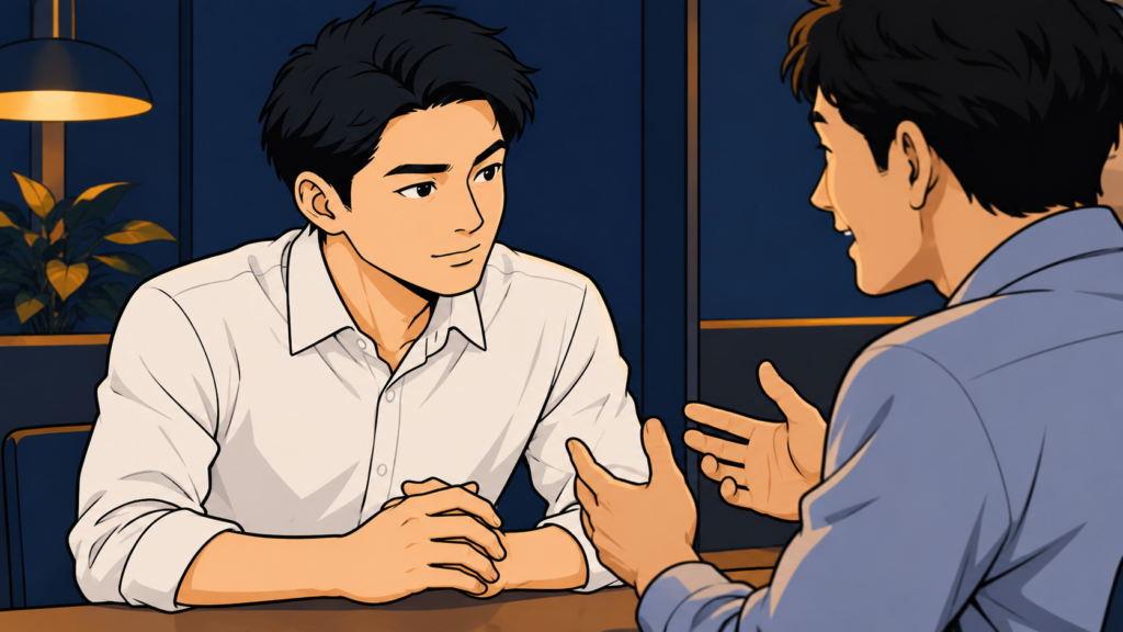 打ち合わせスペースで、身ぶりをつけて話す同僚の話を、前のめりにうなずいて聞く若手会社員。聞き上手になるには、相手が気持ちよく話せる聞き方から