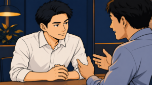 打ち合わせスペースで、身ぶりをつけて話す同僚の話を、前のめりにうなずいて聞く若手会社員。聞き上手になるには、相手が気持ちよく話せる聞き方から