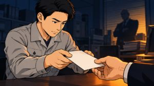 白い封筒を第三者の手に託す製造業の若手社員。退職代行を使う人は甘えか頭おかしいかと悩む場面のイラスト