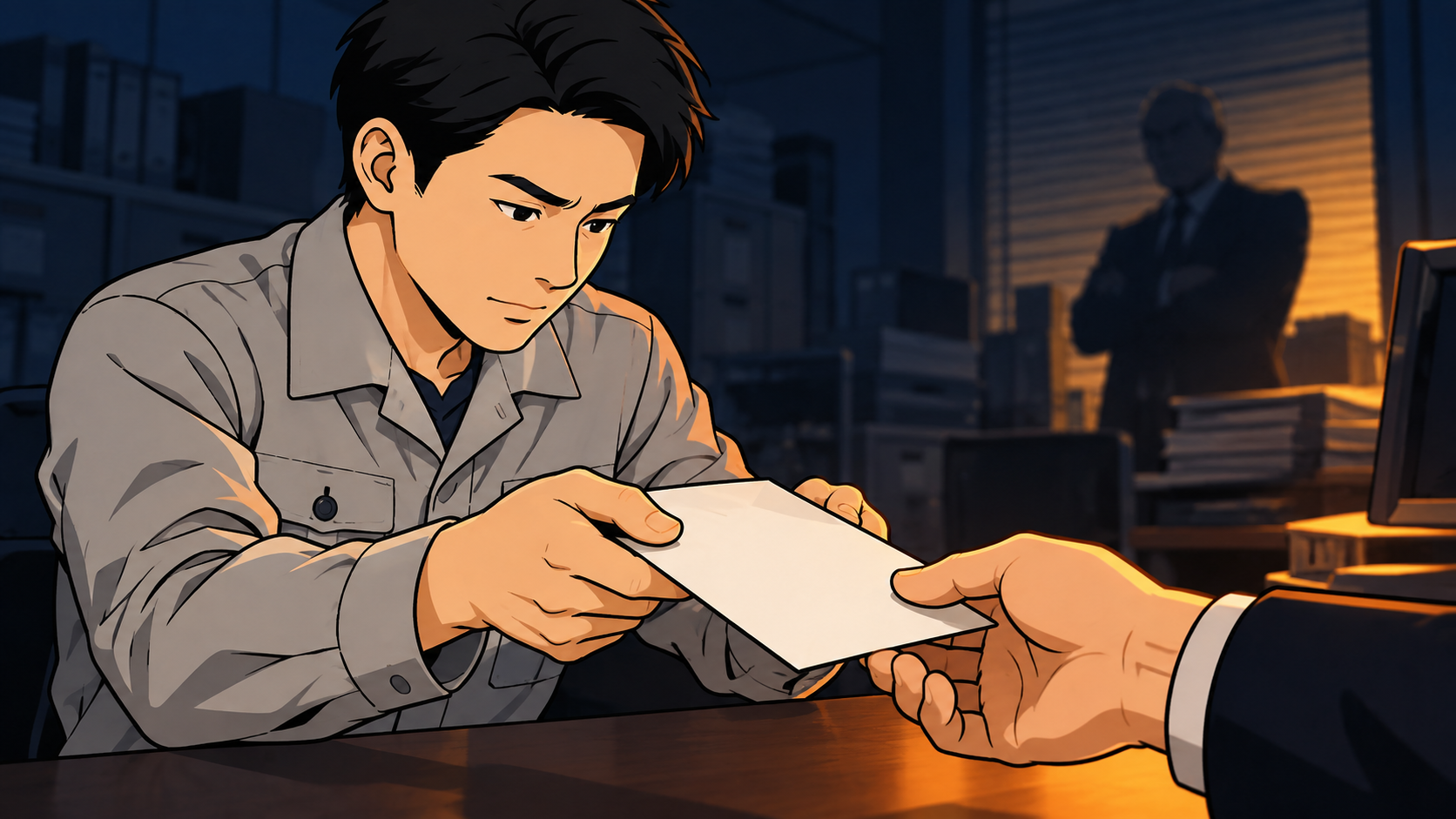 白い封筒を第三者の手に託す製造業の若手社員。退職代行を使う人は甘えか頭おかしいかと悩む場面のイラスト